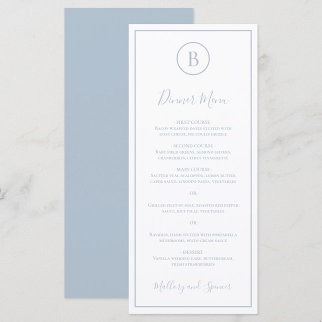 Menu Casamento Azul Empoeirado Tradicional Elegante (Frente/Verso)