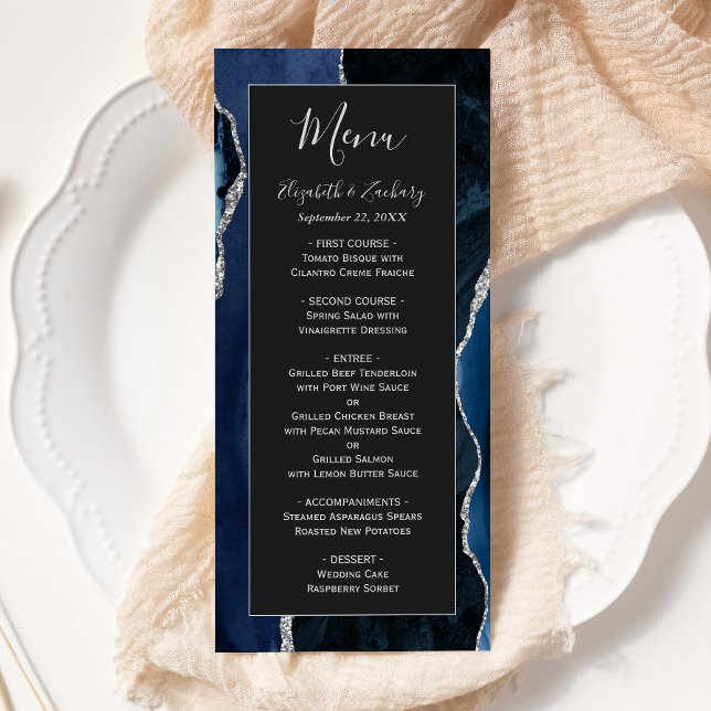 Menu Casamento Azul Escuro Prata Ágata Moderna (Criador carregado)