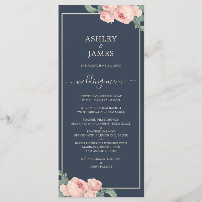Menu Casamento Azul Escuro Rosa Rosa Rosa Rosa Cinza Vi (Frente)
