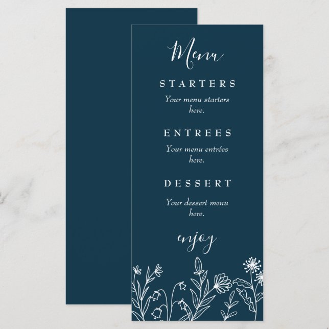 Menu Casamento azul marinho de flores silvestres Boho (Frente/Verso)