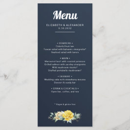 Menu Casamento azul-marinho de rosas amarelas Elegante
