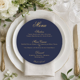 Menu Casamento Azul Marinho Dourado Caligrafia Simples 