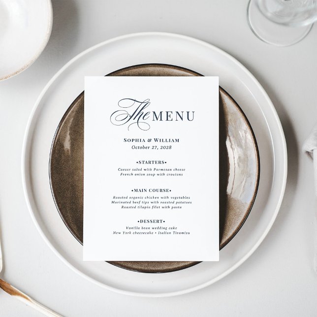 Menu Casamento Azul Marinho e Branco | Clássico Luxuoso (Criador carregado)