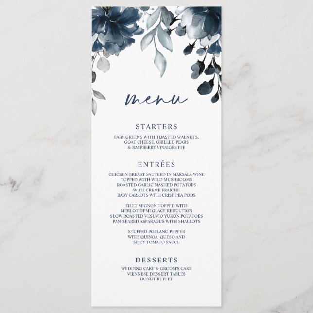 Menu Casamento Azul Marinho Floral Verde Prata (Frente)