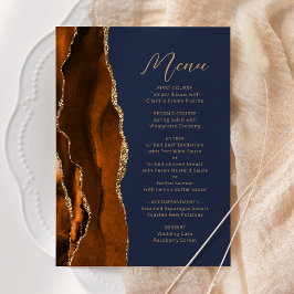 Menu Casamento Azul Marinho Script Ágata Dourado Laranj