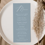 Menu Casamento Azul Moderno Elegante<br><div class="desc">Menu de casamento simples e elegante com "Menu" exibido em um roteiro branco moderno com um fundo azul empoeirado ou cor de sua escolha. Personalize o menu de casamento azul empoeirado adicionando seus nomes, data de casamento e informações do menu. Projetado para coordenar com a nossa coleção de casamento do...</div>