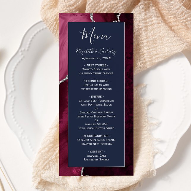 Menu Casamento Azul Naval Ágata Prata Borgonha Moderna (Criador carregado)