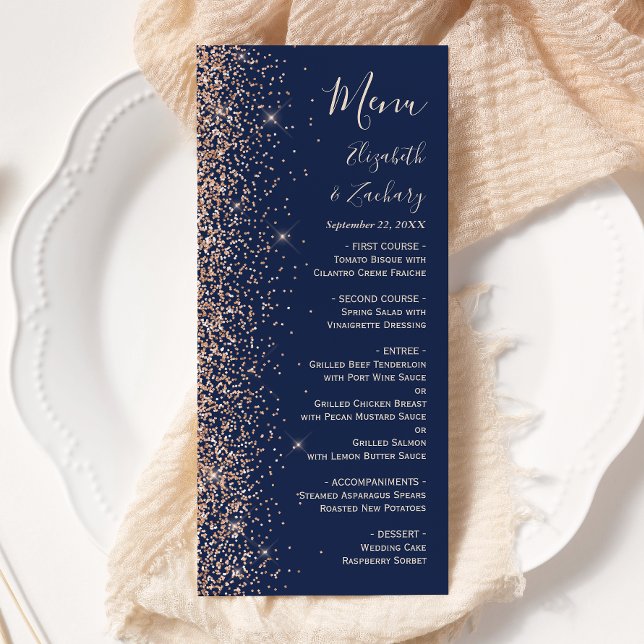 Menu Casamento Azul Naval Brilho Moderno Pêssego (Criador carregado)