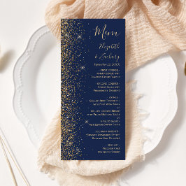 Menu Casamento Azul Naval Moderno com Borda de Brilho D