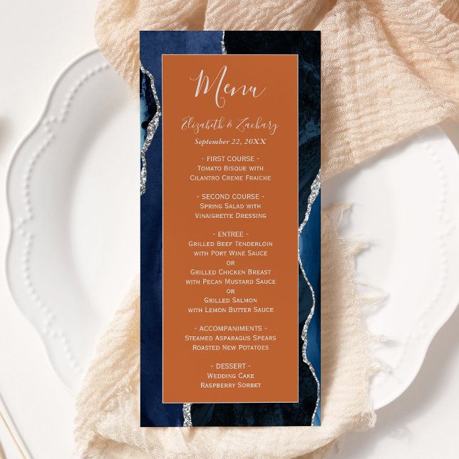 Menu Casamento Azul Navy Prata Ágata Ferrugem Moderno (Criador carregado)