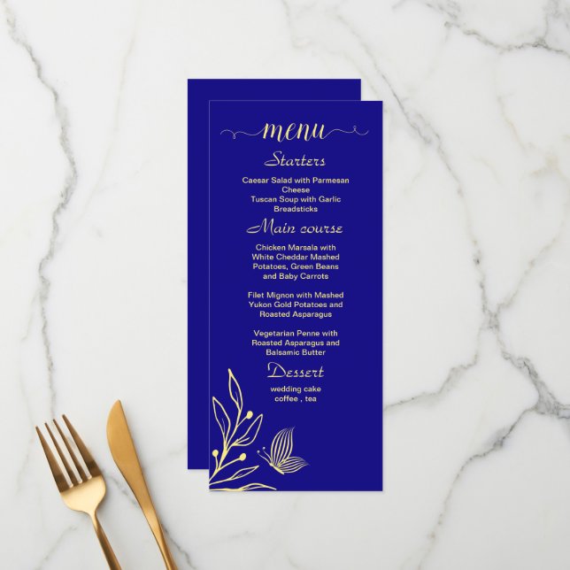 Menu Casamento azul real com flor de ouro simples (Frente/Verso In Situ)