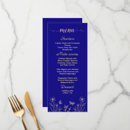 Menu Casamento azul real com flor de ouro simples