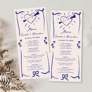 Menu Casamento Azul Retroativo Desenhado à Mão Elegante