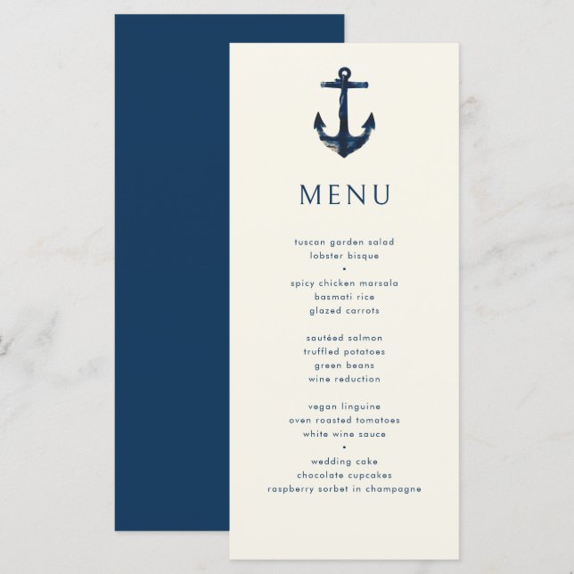 Menu Casamento Azul Simples Marinho Ancorar Náutico (Frente/Verso)