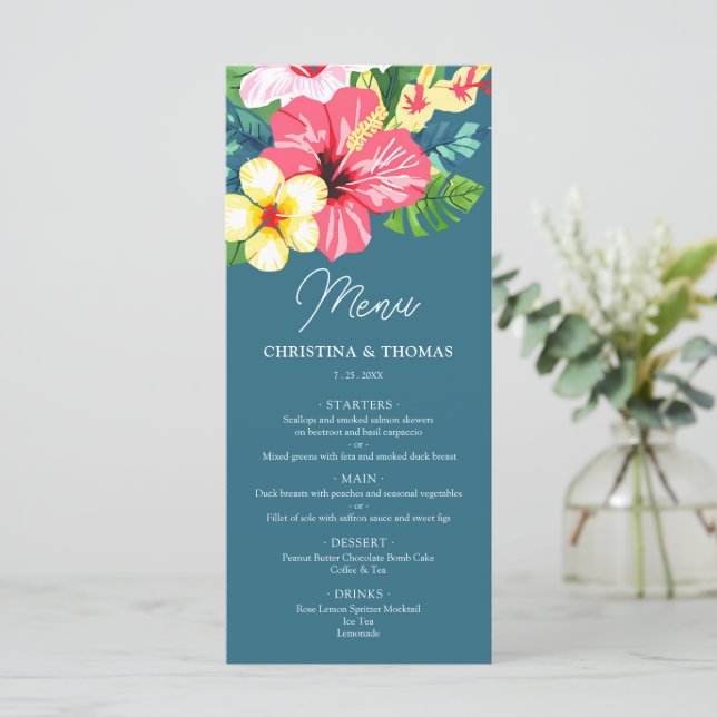 Menu Casamento Azul Tropical de Hibiscus Floral (Em pé/Frente)