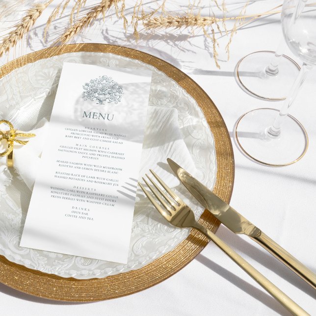 Menu Casamento Barroco Azul Empoeirado Elegante Vintage (Criador carregado)