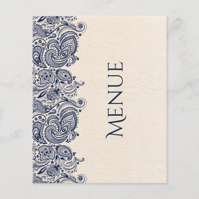 Menu Casamento Beige Linen e Lace Azul Escuro (Frente)
