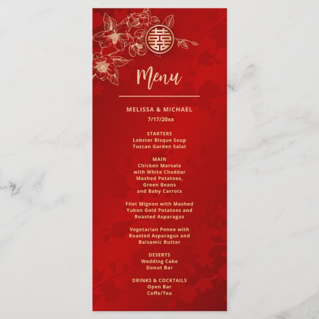 Menu CASAMENTO BILINGUE Magnólia Dourada Vermelha Chine (Frente)