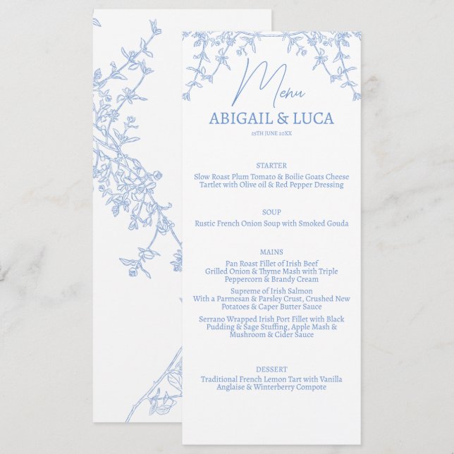 Menu Casamento Blue Chinoiserie Toile de Jouy (Frente/Verso)