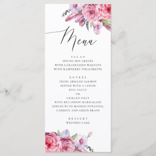 Menu Casamento boho floral rosa aquarela e penas