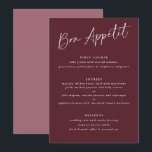 Menu Casamento Bon Appétit Merlot Burgundy<br><div class="desc">Bon Appétit! Merlot / Burgundy / Wine Wedding Menu: Este moderno menu do casamento apresenta texto manuscrito em um fundo de merlot na frente com a foto do casal e a mensagem do obrigado que você retorna. É o menu perfeito de casamento duplo para servir como cardápio e presente.</div>