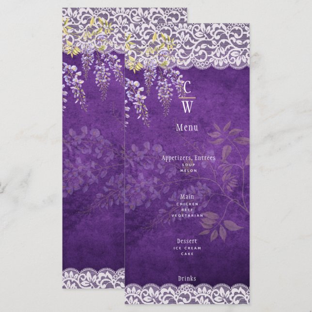 Menu Casamento bonito Roxo Roxo WISTERIA Lace (Frente/Verso)