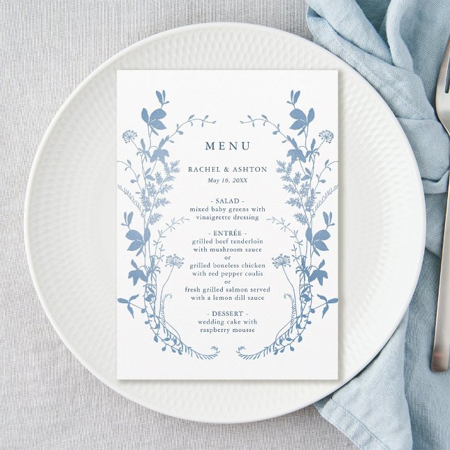 Menu Casamento Botânico Azul Francês Elegante (Criador carregado)