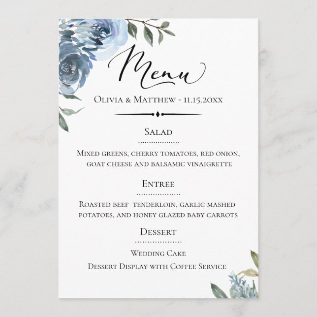 Menu Casamento Botânico com Dusty Blue Typografia (Frente)