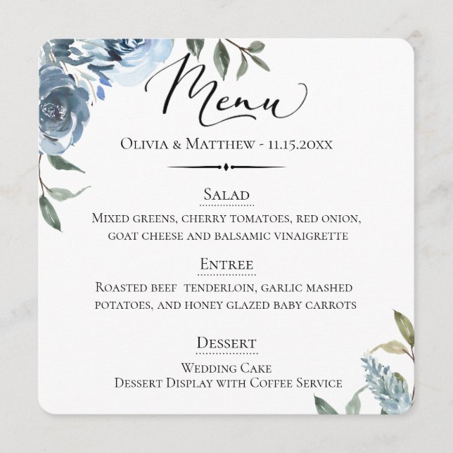 Menu Casamento Botânico com Dusty Blue Typografia (Frente)