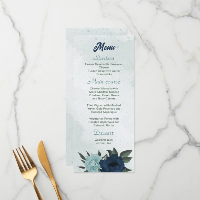 Menu Casamento botânico com flores azuis e marinhos (Frente/Verso In Situ)