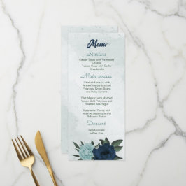 Menu Casamento botânico com flores azuis e marinhos