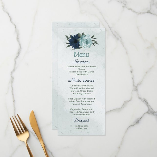 Menu Casamento botânico com flores azuis e marinhos (Frente/Verso In Situ)