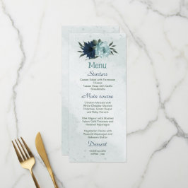 Menu Casamento botânico com flores azuis e marinhos
