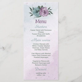 Menu casamento botânico com flores azuis roxas