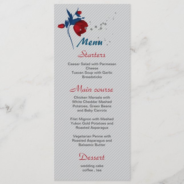 Menu casamento botânico com flores azuis vermelhas e ma (Frente)