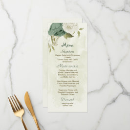 Menu casamento botânico com flores brancas sage