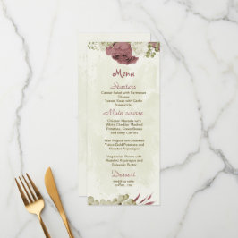 Menu casamento botânico com flores rosa brancas poeiren