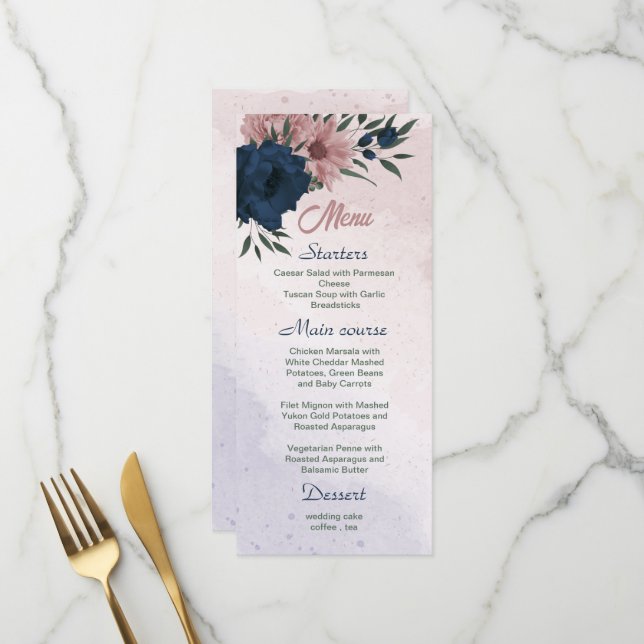 Menu casamento botânico com flores rosa e marinhos (Frente/Verso In Situ)