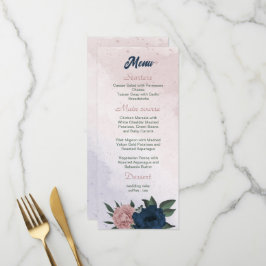 Menu casamento botânico com flores rosa e marinhos
