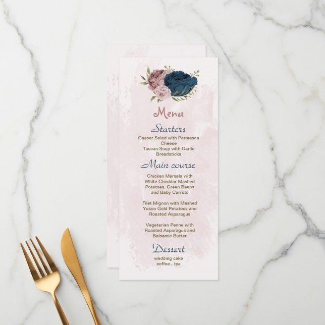 Menu Casamento botânico com flores rosadas e marinhos (Frente/Verso In Situ)