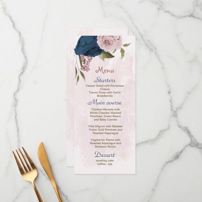 Menu Casamento botânico com flores rosadas e marinhos (Frente/Verso In Situ)
