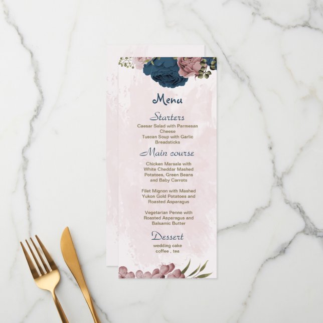 Menu Casamento botânico com flores rosadas e marinhos (Frente/Verso In Situ)