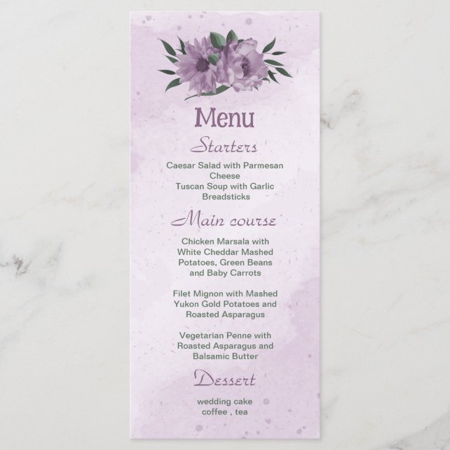 Menu casamento botânico com flores roxas (Frente)