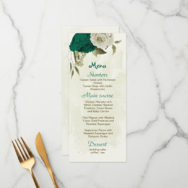 Menu casamento botânico com flores verdes esmeraldas