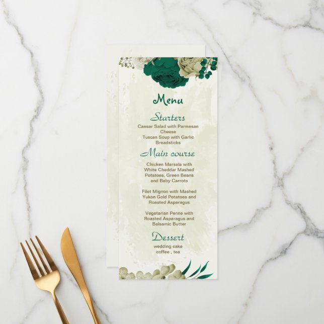 Menu casamento botânico com flores verdes esmeraldas (Frente/Verso In Situ)