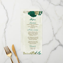 Menu casamento botânico com flores verdes esmeraldas