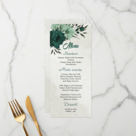 Menu casamento botânico com flores verdes esmeraldas