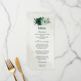 Menu casamento botânico com flores verdes esmeraldas