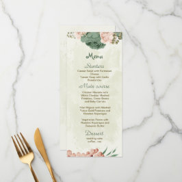 Menu casamento botânico com flores verdes sage blush