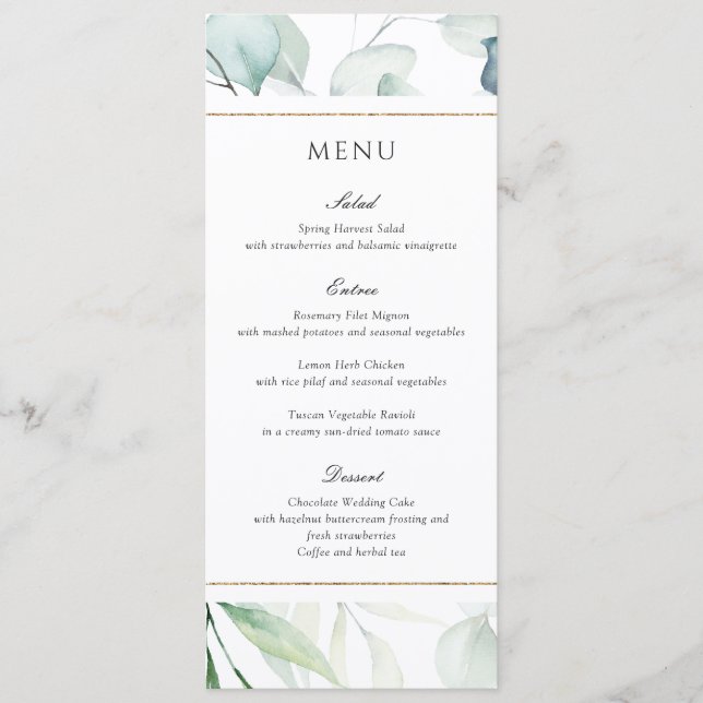 Menu Casamento Botânico de Aguarela Elegante com Verdur (Frente)